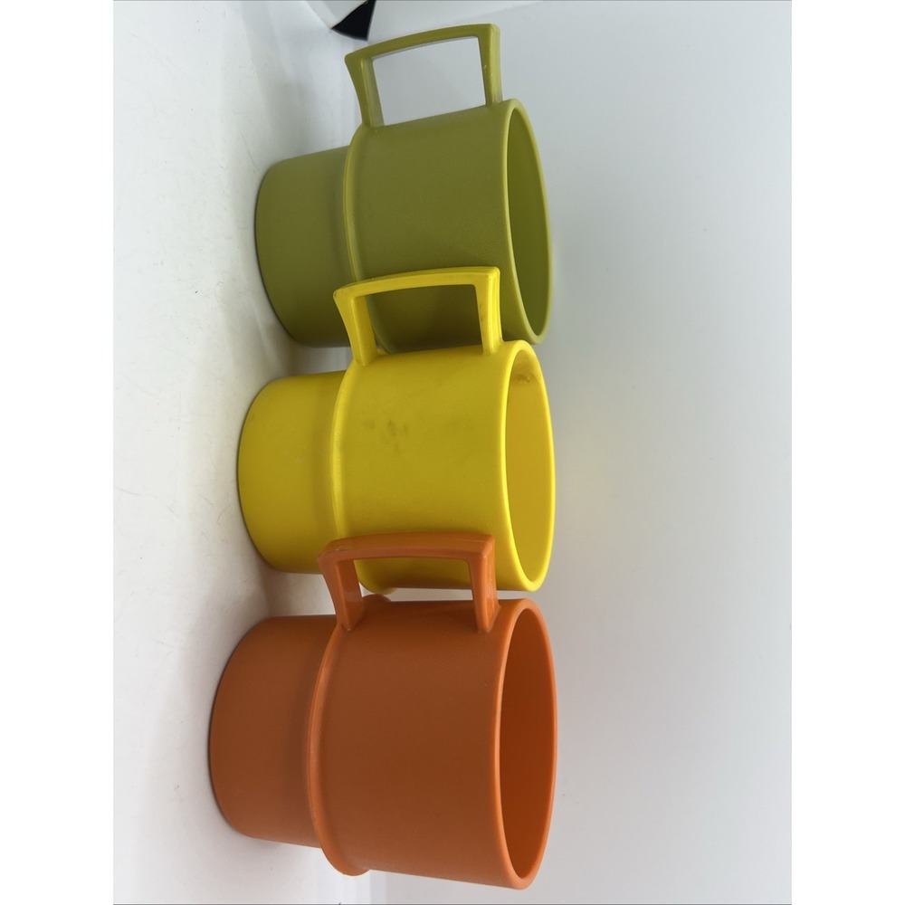 1970s Vintage TUPPERWARE Coffee Mugs Cup Orange‎ Green Yellow Set of 3 Stackable - Picture 3 of 6
